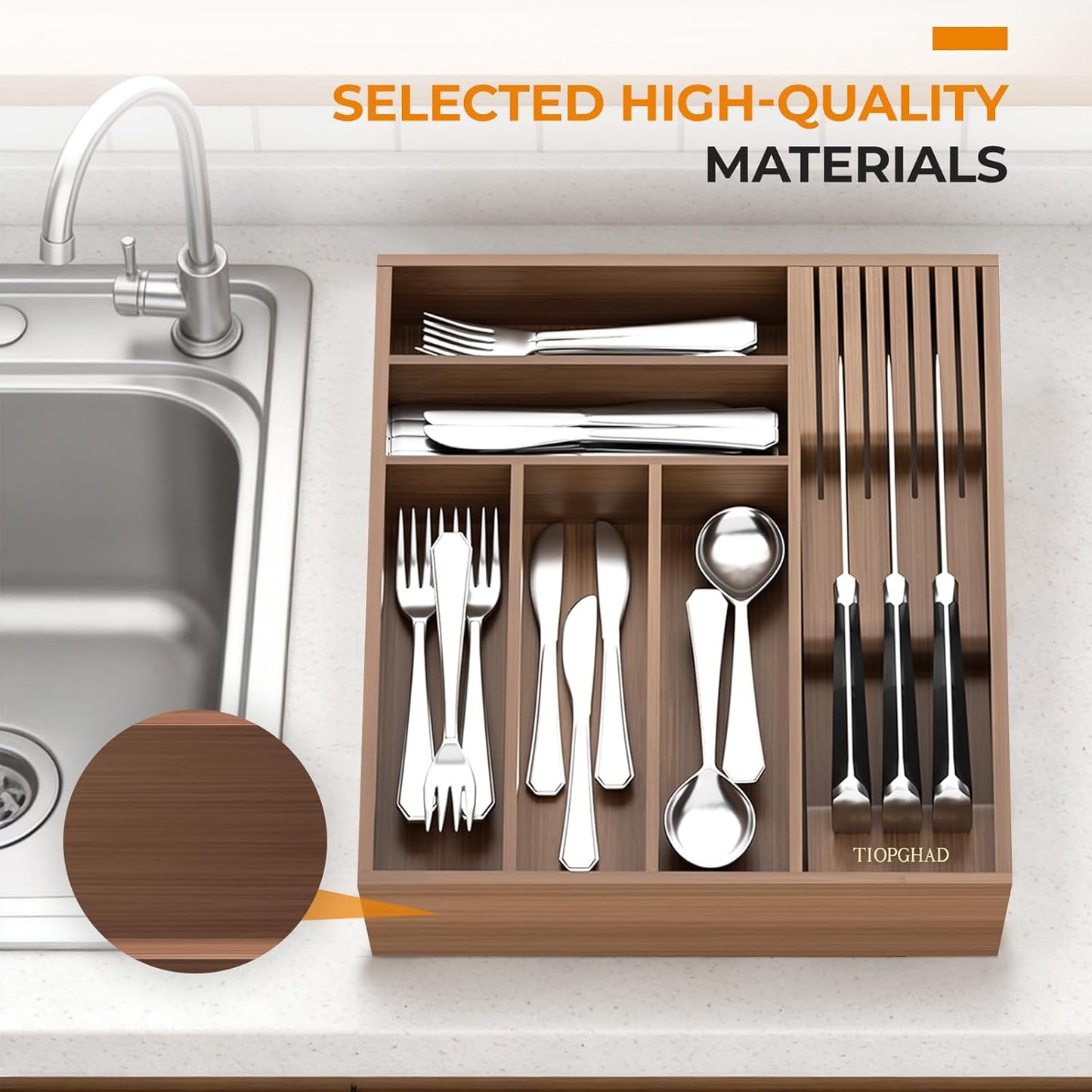 Small Bamboo Silverware Organizer Kitchen Utensil Tray, Natural | Removable Knife Block, Holds 7 Knives, Adjustable Dividers, 15.6 x 12 x 1.8 in, Drawer Insert for Utensils, Forks