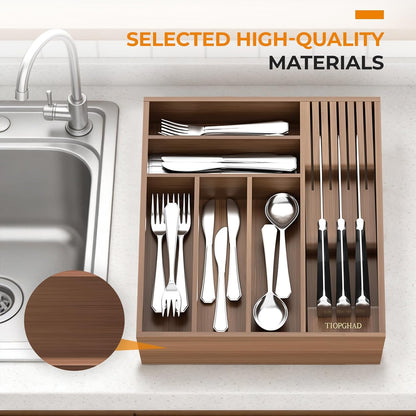 Small Bamboo Silverware Organizer Kitchen Utensil Tray, Natural | Removable Knife Block, Holds 7 Knives, Adjustable Dividers, 15.6 x 12 x 1.8 in, Drawer Insert for Utensils, Forks