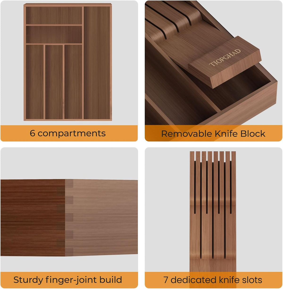 Small Bamboo Silverware Organizer Kitchen Utensil Tray, Natural | Removable Knife Block, Holds 7 Knives, Adjustable Dividers, 15.6 x 12 x 1.8 in, Drawer Insert for Utensils, Forks