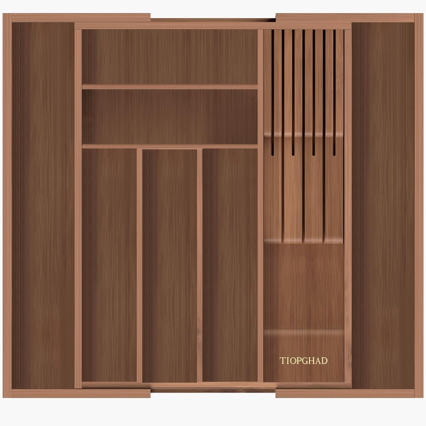 Small Bamboo Silverware Organizer Kitchen Utensil Tray, Natural | Removable Knife Block, Holds 7 Knives, Adjustable Dividers, 15.6 x 12 x 1.8 in, Drawer Insert for Utensils, Forks