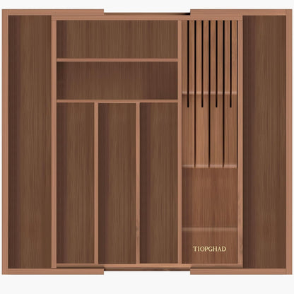 Small Bamboo Silverware Organizer Kitchen Utensil Tray, Natural | Removable Knife Block, Holds 7 Knives, Adjustable Dividers, 15.6 x 12 x 1.8 in, Drawer Insert for Utensils, Forks