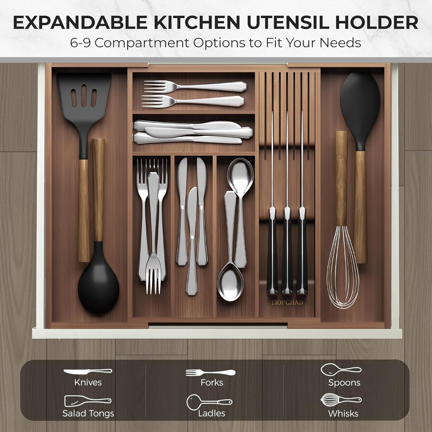 Small Bamboo Silverware Organizer Kitchen Utensil Tray, Natural | Removable Knife Block, Holds 7 Knives, Adjustable Dividers, 15.6 x 12 x 1.8 in, Drawer Insert for Utensils, Forks