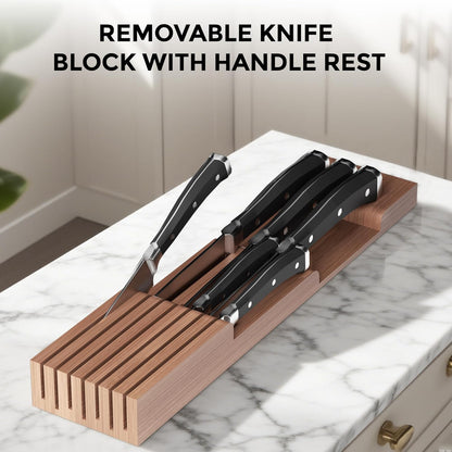 Small Bamboo Silverware Organizer Kitchen Utensil Tray, Natural | Removable Knife Block, Holds 7 Knives, Adjustable Dividers, 15.6 x 12 x 1.8 in, Drawer Insert for Utensils, Forks