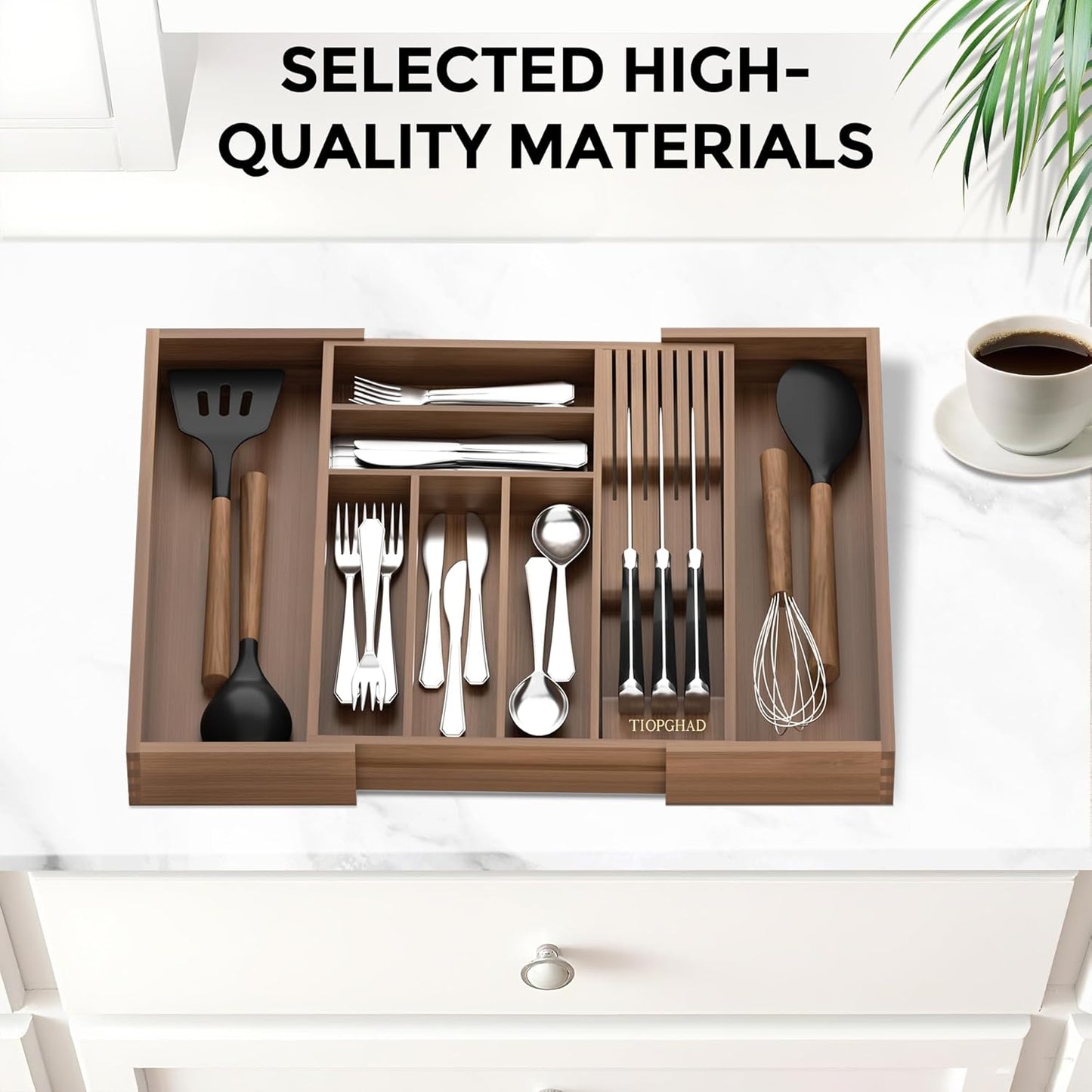 Small Bamboo Silverware Organizer Kitchen Utensil Tray, Natural | Removable Knife Block, Holds 7 Knives, Adjustable Dividers, 15.6 x 12 x 1.8 in, Drawer Insert for Utensils, Forks