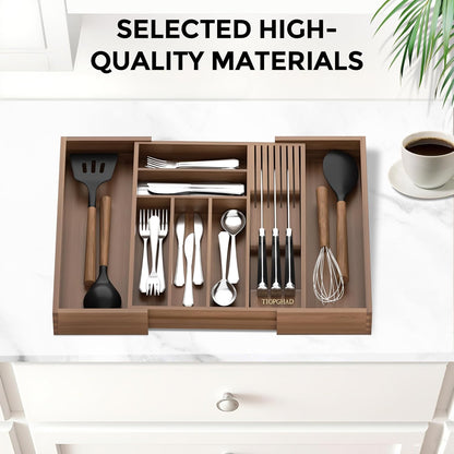 Small Bamboo Silverware Organizer Kitchen Utensil Tray, Natural | Removable Knife Block, Holds 7 Knives, Adjustable Dividers, 15.6 x 12 x 1.8 in, Drawer Insert for Utensils, Forks