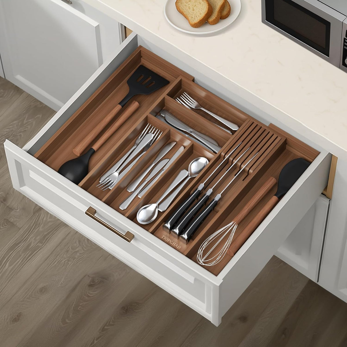 Small Bamboo Silverware Organizer Kitchen Utensil Tray, Natural | Removable Knife Block, Holds 7 Knives, Adjustable Dividers, 15.6 x 12 x 1.8 in, Drawer Insert for Utensils, Forks