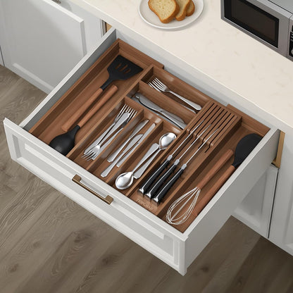 Small Bamboo Silverware Organizer Kitchen Utensil Tray, Natural | Removable Knife Block, Holds 7 Knives, Adjustable Dividers, 15.6 x 12 x 1.8 in, Drawer Insert for Utensils, Forks