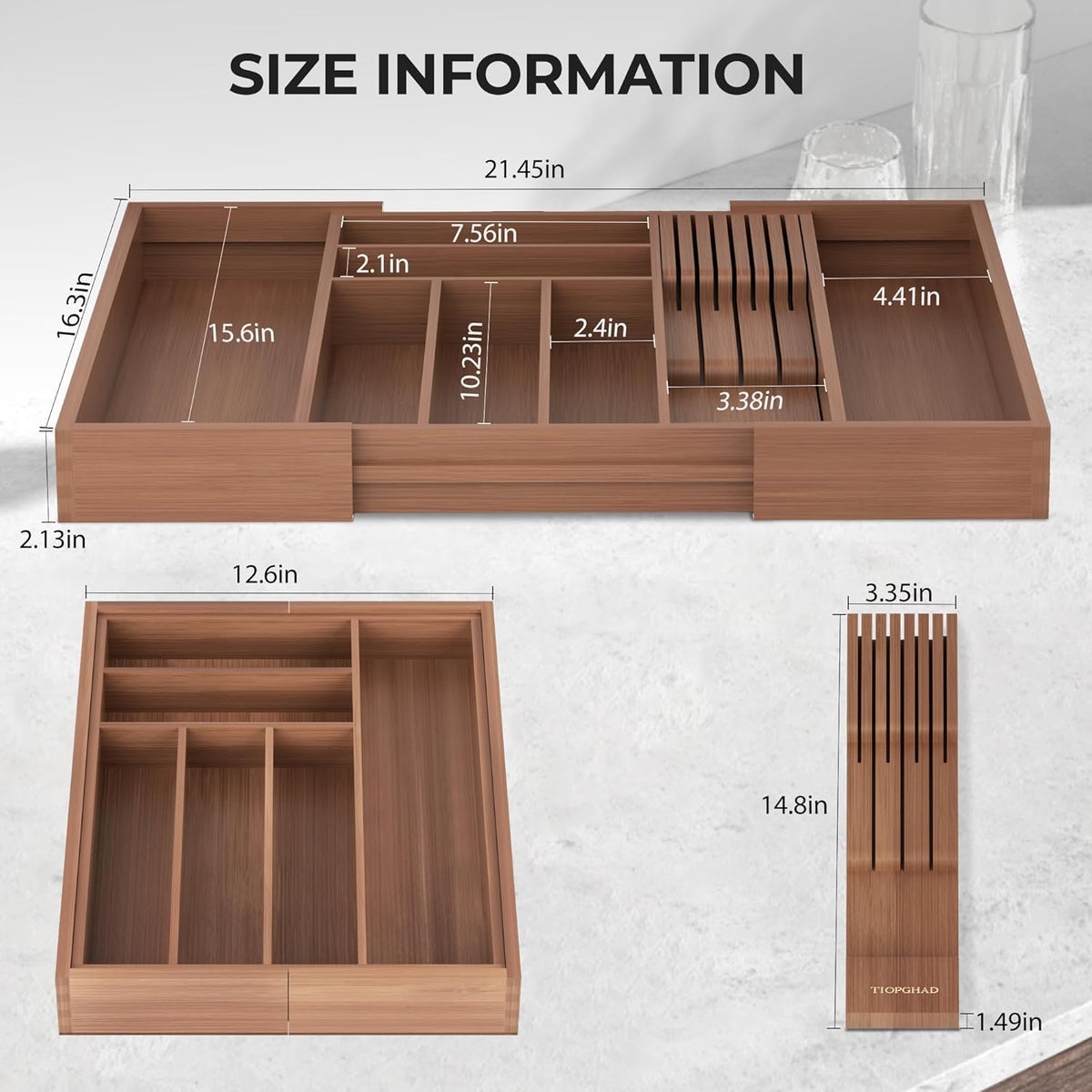 Small Bamboo Silverware Organizer Kitchen Utensil Tray, Natural | Removable Knife Block, Holds 7 Knives, Adjustable Dividers, 15.6 x 12 x 1.8 in, Drawer Insert for Utensils, Forks