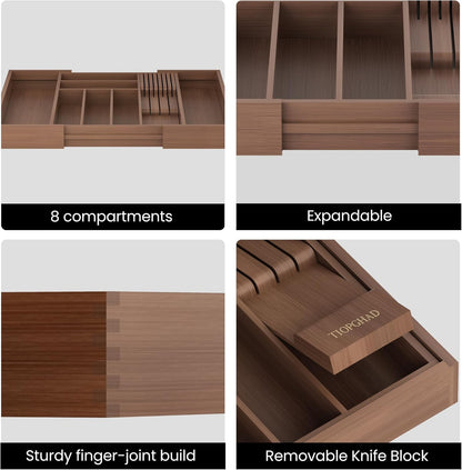 Small Bamboo Silverware Organizer Kitchen Utensil Tray, Natural | Removable Knife Block, Holds 7 Knives, Adjustable Dividers, 15.6 x 12 x 1.8 in, Drawer Insert for Utensils, Forks