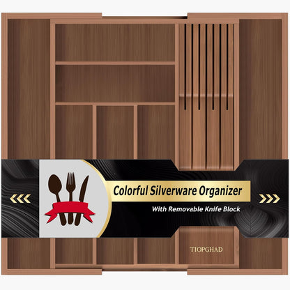 Small Bamboo Silverware Organizer Kitchen Utensil Tray, Natural | Removable Knife Block, Holds 7 Knives, Adjustable Dividers, 15.6 x 12 x 1.8 in, Drawer Insert for Utensils, Forks