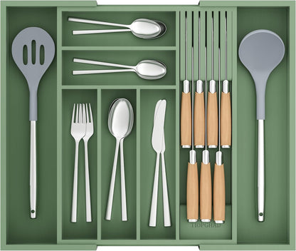 Small Bamboo Silverware Organizer Kitchen Utensil Tray, Natural | Removable Knife Block, Holds 7 Knives, Adjustable Dividers, 15.6 x 12 x 1.8 in, Drawer Insert for Utensils, Forks