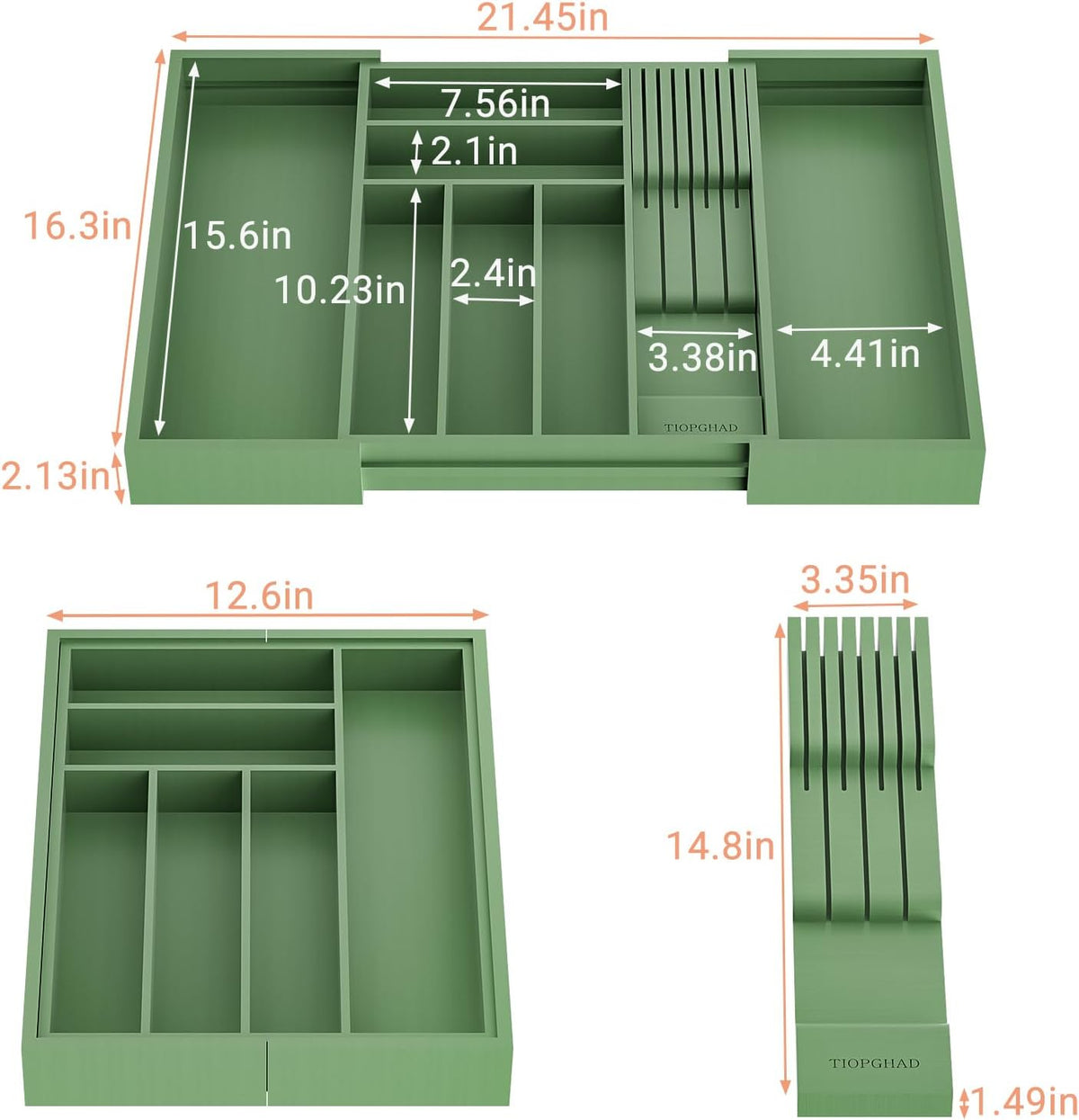 Small Bamboo Silverware Organizer Kitchen Utensil Tray, Natural | Removable Knife Block, Holds 7 Knives, Adjustable Dividers, 15.6 x 12 x 1.8 in, Drawer Insert for Utensils, Forks