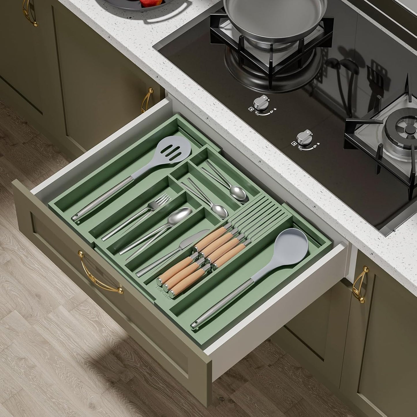 Small Bamboo Silverware Organizer Kitchen Utensil Tray, Natural | Removable Knife Block, Holds 7 Knives, Adjustable Dividers, 15.6 x 12 x 1.8 in, Drawer Insert for Utensils, Forks