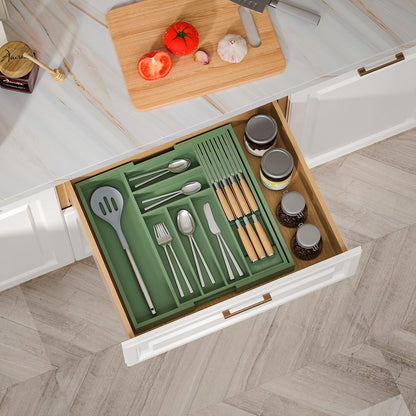 Small Bamboo Silverware Organizer Kitchen Utensil Tray, Natural | Removable Knife Block, Holds 7 Knives, Adjustable Dividers, 15.6 x 12 x 1.8 in, Drawer Insert for Utensils, Forks