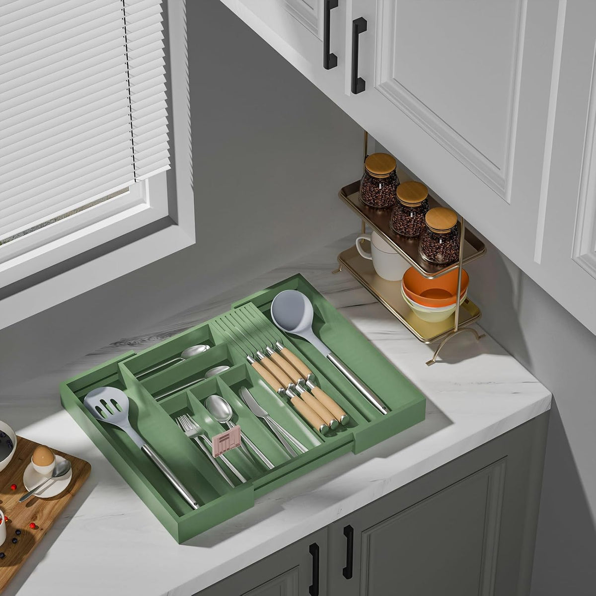 Small Bamboo Silverware Organizer Kitchen Utensil Tray, Natural | Removable Knife Block, Holds 7 Knives, Adjustable Dividers, 15.6 x 12 x 1.8 in, Drawer Insert for Utensils, Forks