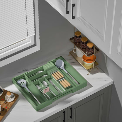 Small Bamboo Silverware Organizer Kitchen Utensil Tray, Natural | Removable Knife Block, Holds 7 Knives, Adjustable Dividers, 15.6 x 12 x 1.8 in, Drawer Insert for Utensils, Forks