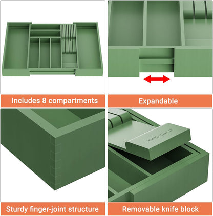 Small Bamboo Silverware Organizer Kitchen Utensil Tray, Natural | Removable Knife Block, Holds 7 Knives, Adjustable Dividers, 15.6 x 12 x 1.8 in, Drawer Insert for Utensils, Forks