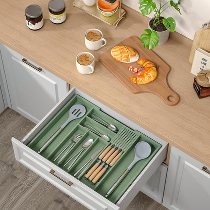 Small Bamboo Silverware Organizer Kitchen Utensil Tray, Natural | Removable Knife Block, Holds 7 Knives, Adjustable Dividers, 15.6 x 12 x 1.8 in, Drawer Insert for Utensils, Forks