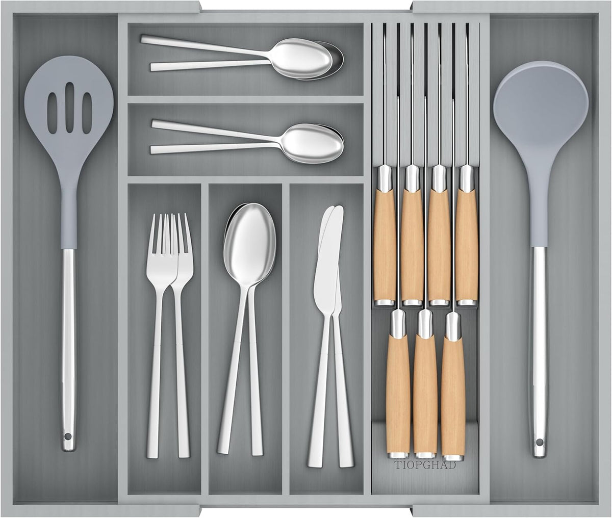 Small Bamboo Silverware Organizer Kitchen Utensil Tray, Natural | Removable Knife Block, Holds 7 Knives, Adjustable Dividers, 15.6 x 12 x 1.8 in, Drawer Insert for Utensils, Forks