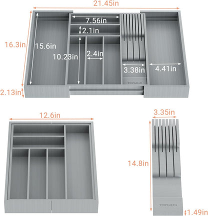 Small Bamboo Silverware Organizer Kitchen Utensil Tray, Natural | Removable Knife Block, Holds 7 Knives, Adjustable Dividers, 15.6 x 12 x 1.8 in, Drawer Insert for Utensils, Forks