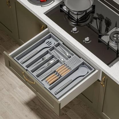 Small Bamboo Silverware Organizer Kitchen Utensil Tray, Natural | Removable Knife Block, Holds 7 Knives, Adjustable Dividers, 15.6 x 12 x 1.8 in, Drawer Insert for Utensils, Forks