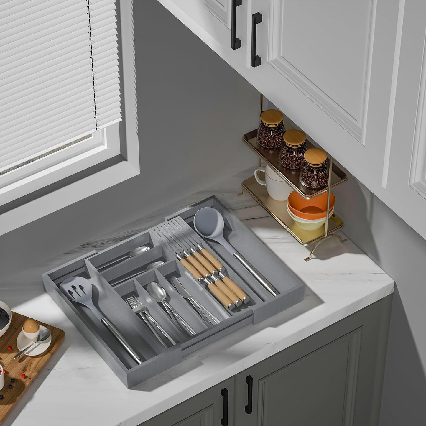 Small Bamboo Silverware Organizer Kitchen Utensil Tray, Natural | Removable Knife Block, Holds 7 Knives, Adjustable Dividers, 15.6 x 12 x 1.8 in, Drawer Insert for Utensils, Forks