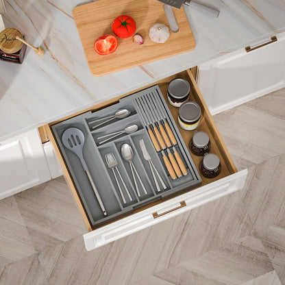 Small Bamboo Silverware Organizer Kitchen Utensil Tray, Natural | Removable Knife Block, Holds 7 Knives, Adjustable Dividers, 15.6 x 12 x 1.8 in, Drawer Insert for Utensils, Forks
