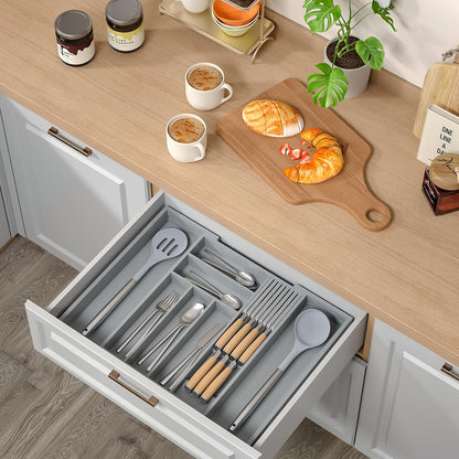 Small Bamboo Silverware Organizer Kitchen Utensil Tray, Natural | Removable Knife Block, Holds 7 Knives, Adjustable Dividers, 15.6 x 12 x 1.8 in, Drawer Insert for Utensils, Forks