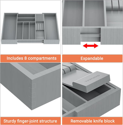 Small Bamboo Silverware Organizer Kitchen Utensil Tray, Natural | Removable Knife Block, Holds 7 Knives, Adjustable Dividers, 15.6 x 12 x 1.8 in, Drawer Insert for Utensils, Forks
