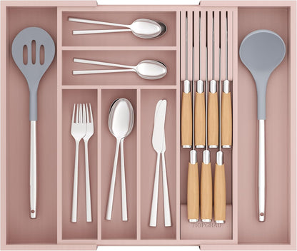 Small Bamboo Silverware Organizer Kitchen Utensil Tray, Natural | Removable Knife Block, Holds 7 Knives, Adjustable Dividers, 15.6 x 12 x 1.8 in, Drawer Insert for Utensils, Forks