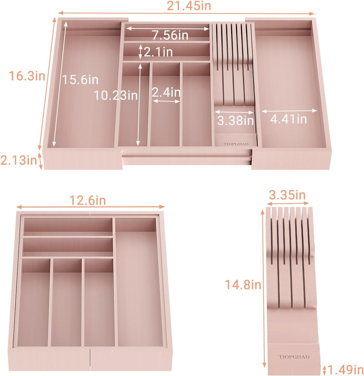 Small Bamboo Silverware Organizer Kitchen Utensil Tray, Natural | Removable Knife Block, Holds 7 Knives, Adjustable Dividers, 15.6 x 12 x 1.8 in, Drawer Insert for Utensils, Forks
