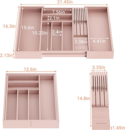 Small Bamboo Silverware Organizer Kitchen Utensil Tray, Natural | Removable Knife Block, Holds 7 Knives, Adjustable Dividers, 15.6 x 12 x 1.8 in, Drawer Insert for Utensils, Forks