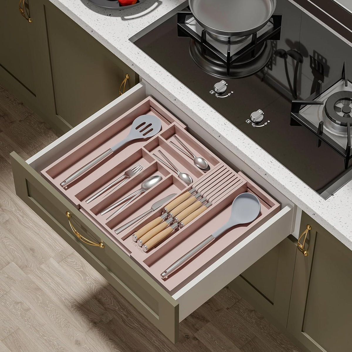 Small Bamboo Silverware Organizer Kitchen Utensil Tray, Natural | Removable Knife Block, Holds 7 Knives, Adjustable Dividers, 15.6 x 12 x 1.8 in, Drawer Insert for Utensils, Forks