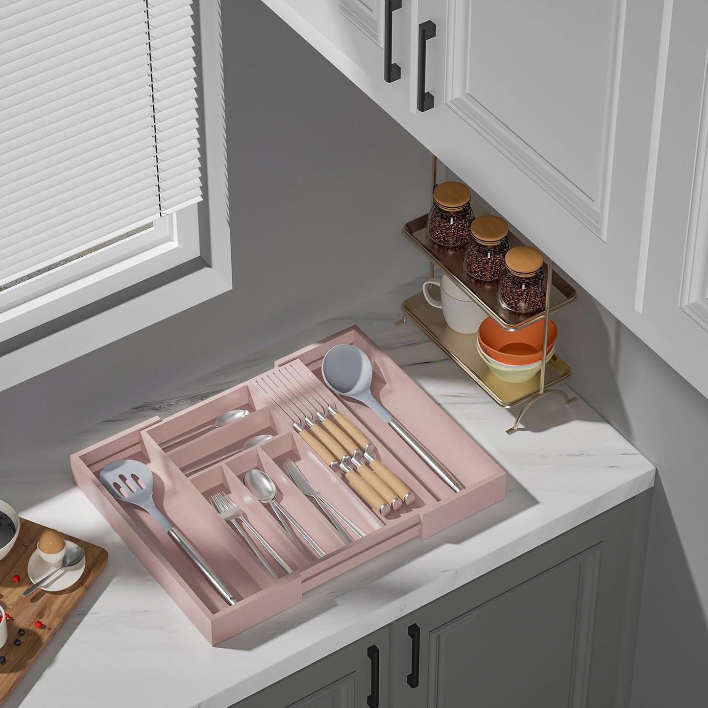 Small Bamboo Silverware Organizer Kitchen Utensil Tray, Natural | Removable Knife Block, Holds 7 Knives, Adjustable Dividers, 15.6 x 12 x 1.8 in, Drawer Insert for Utensils, Forks