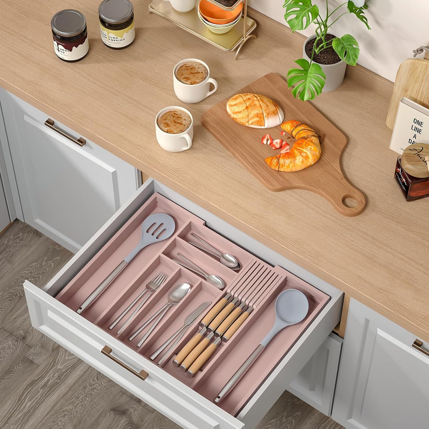 Small Bamboo Silverware Organizer Kitchen Utensil Tray, Natural | Removable Knife Block, Holds 7 Knives, Adjustable Dividers, 15.6 x 12 x 1.8 in, Drawer Insert for Utensils, Forks