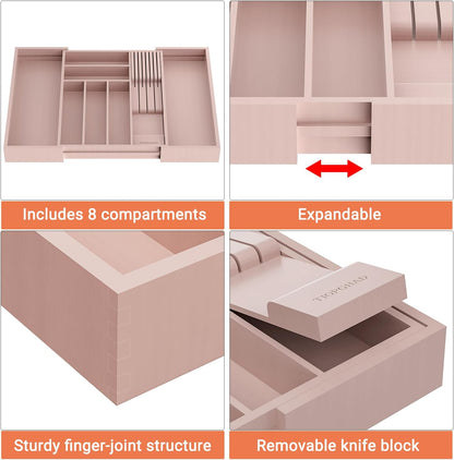 Small Bamboo Silverware Organizer Kitchen Utensil Tray, Natural | Removable Knife Block, Holds 7 Knives, Adjustable Dividers, 15.6 x 12 x 1.8 in, Drawer Insert for Utensils, Forks