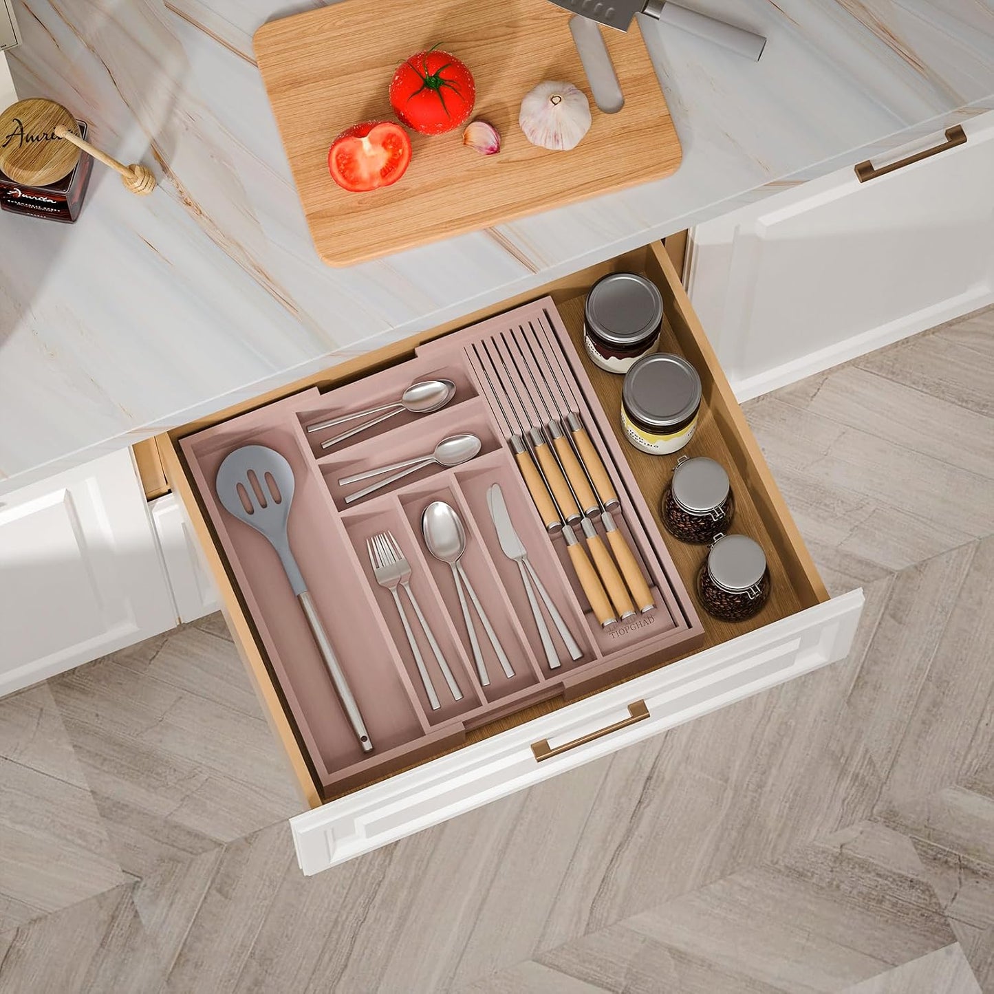 Small Bamboo Silverware Organizer Kitchen Utensil Tray, Natural | Removable Knife Block, Holds 7 Knives, Adjustable Dividers, 15.6 x 12 x 1.8 in, Drawer Insert for Utensils, Forks