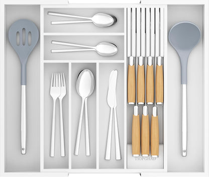 Small Bamboo Silverware Organizer Kitchen Utensil Tray, Natural | Removable Knife Block, Holds 7 Knives, Adjustable Dividers, 15.6 x 12 x 1.8 in, Drawer Insert for Utensils, Forks