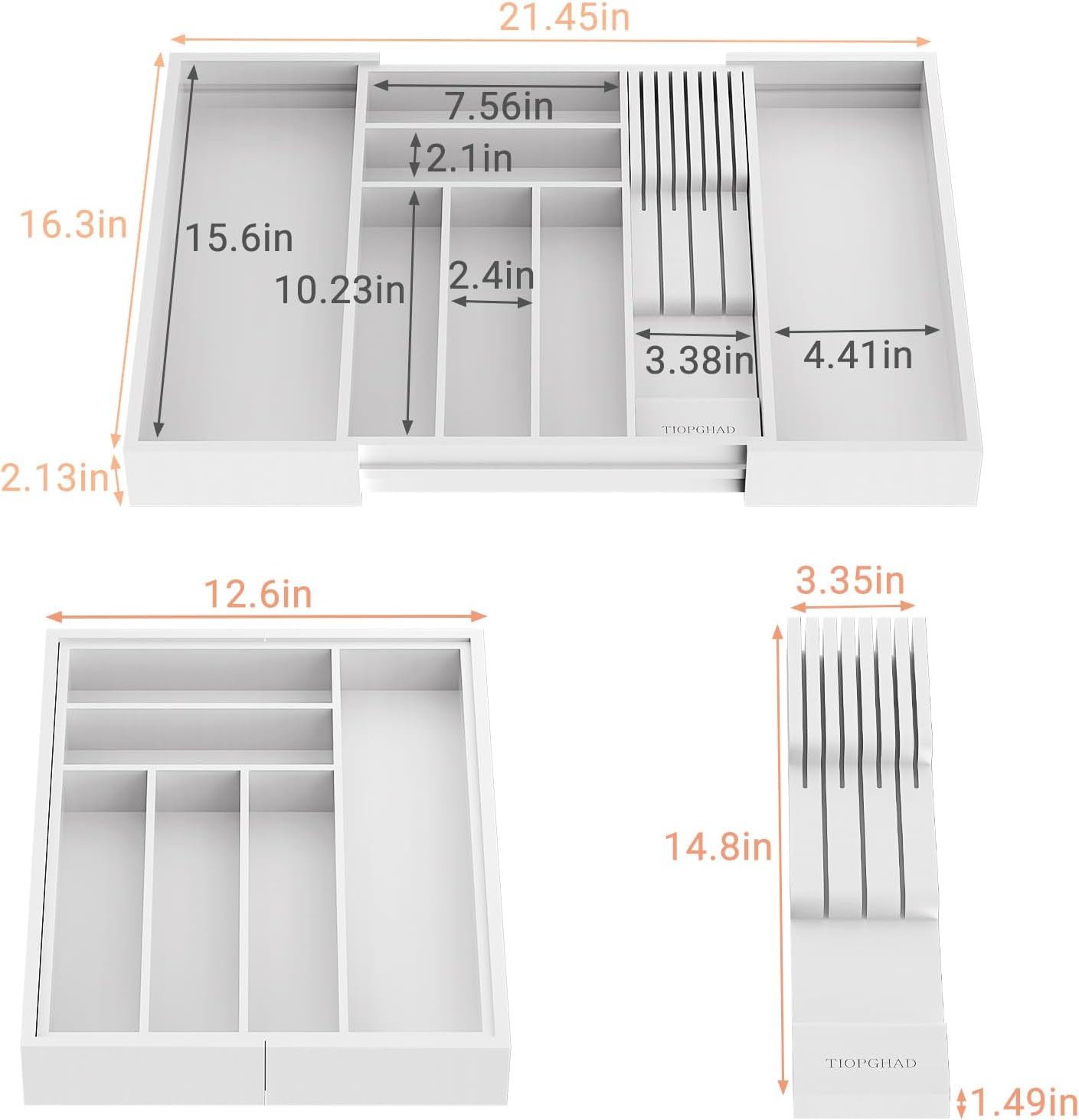 Small Bamboo Silverware Organizer Kitchen Utensil Tray, Natural | Removable Knife Block, Holds 7 Knives, Adjustable Dividers, 15.6 x 12 x 1.8 in, Drawer Insert for Utensils, Forks