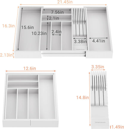 Small Bamboo Silverware Organizer Kitchen Utensil Tray, Natural | Removable Knife Block, Holds 7 Knives, Adjustable Dividers, 15.6 x 12 x 1.8 in, Drawer Insert for Utensils, Forks