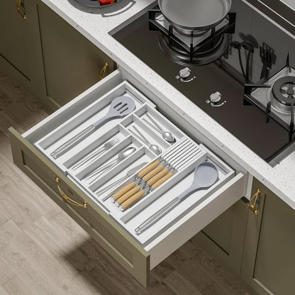 Small Bamboo Silverware Organizer Kitchen Utensil Tray, Natural | Removable Knife Block, Holds 7 Knives, Adjustable Dividers, 15.6 x 12 x 1.8 in, Drawer Insert for Utensils, Forks