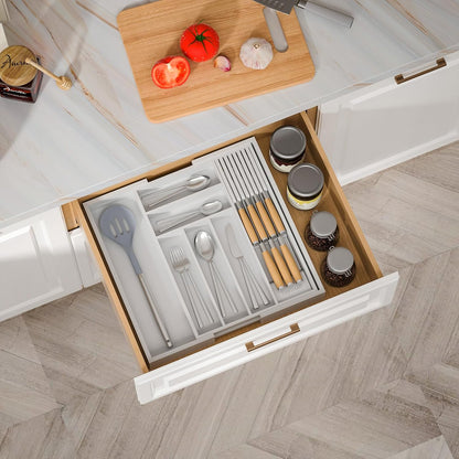 Small Bamboo Silverware Organizer Kitchen Utensil Tray, Natural | Removable Knife Block, Holds 7 Knives, Adjustable Dividers, 15.6 x 12 x 1.8 in, Drawer Insert for Utensils, Forks