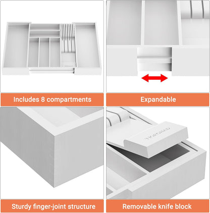 Small Bamboo Silverware Organizer Kitchen Utensil Tray, Natural | Removable Knife Block, Holds 7 Knives, Adjustable Dividers, 15.6 x 12 x 1.8 in, Drawer Insert for Utensils, Forks
