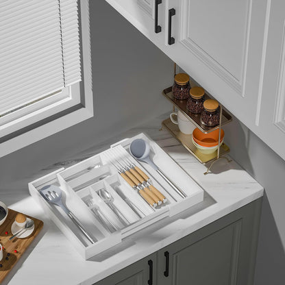 Small Bamboo Silverware Organizer Kitchen Utensil Tray, Natural | Removable Knife Block, Holds 7 Knives, Adjustable Dividers, 15.6 x 12 x 1.8 in, Drawer Insert for Utensils, Forks