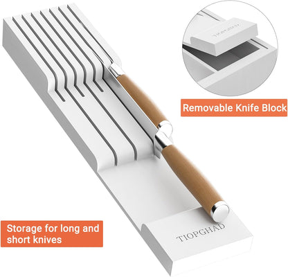Small Bamboo Silverware Organizer Kitchen Utensil Tray, Natural | Removable Knife Block, Holds 7 Knives, Adjustable Dividers, 15.6 x 12 x 1.8 in, Drawer Insert for Utensils, Forks