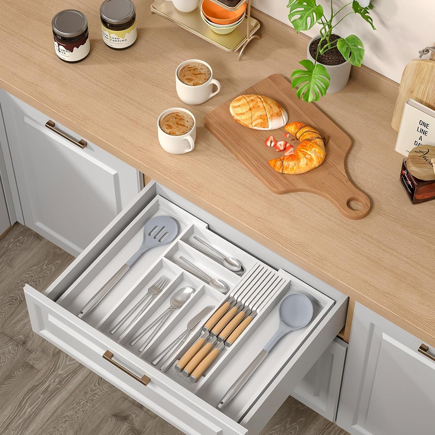 Small Bamboo Silverware Organizer Kitchen Utensil Tray, Natural | Removable Knife Block, Holds 7 Knives, Adjustable Dividers, 15.6 x 12 x 1.8 in, Drawer Insert for Utensils, Forks