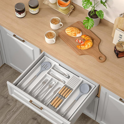Small Bamboo Silverware Organizer Kitchen Utensil Tray, Natural | Removable Knife Block, Holds 7 Knives, Adjustable Dividers, 15.6 x 12 x 1.8 in, Drawer Insert for Utensils, Forks