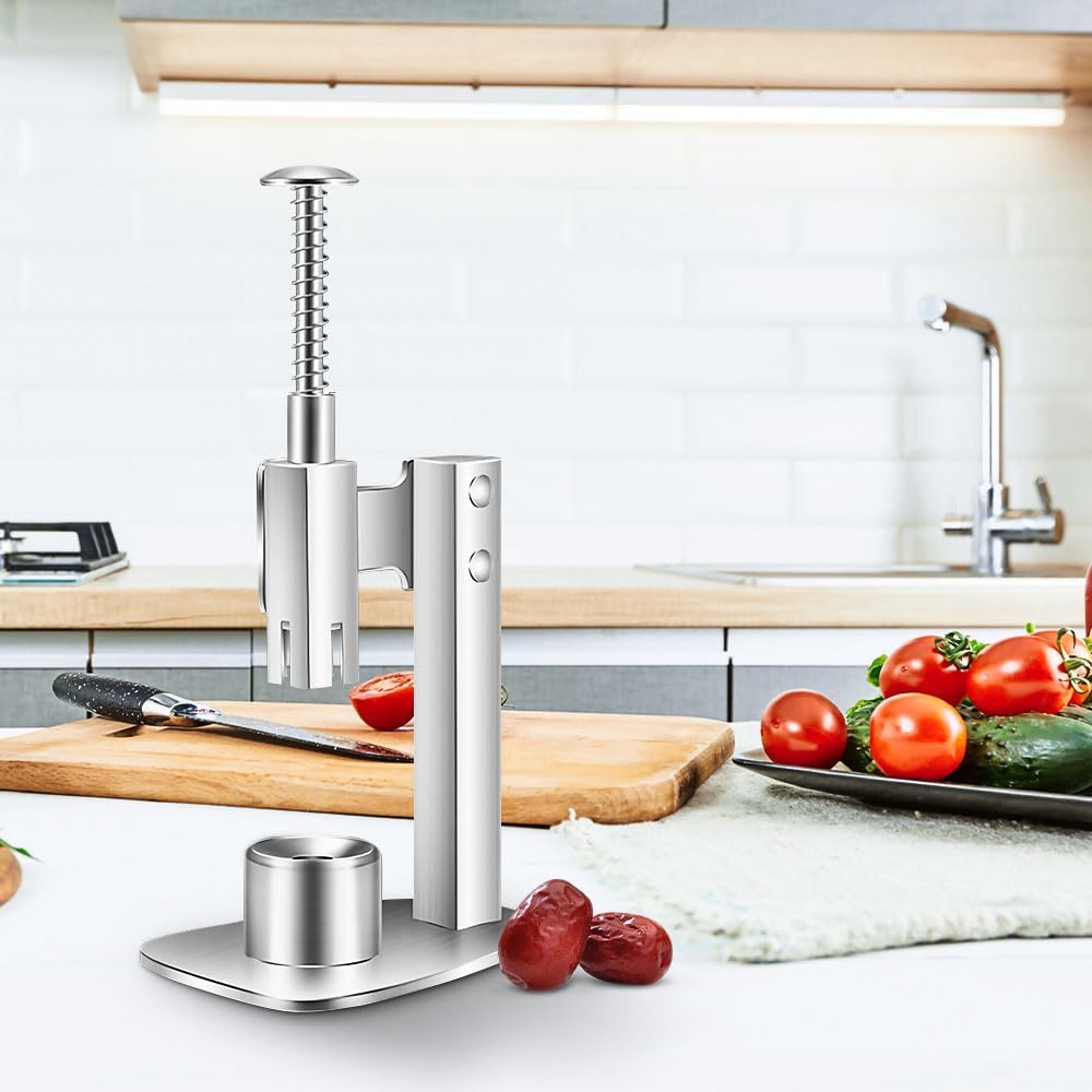 Stainless Steel Red Dates Corer, Pit Remover, Olive Pitter Tool, Portable Fruit Corer Remover for Cherries, Hawthorn, Grape, Jujube (Silver, 7.28x3.74 inch)