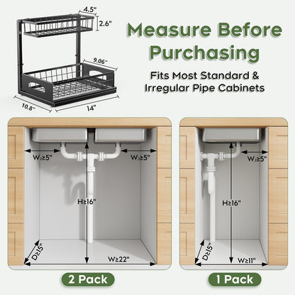 Under Sink Organizer, 2 Pack Cabinet Organizer for Kitchen, Height Adjustable Pull Out Heavy Duty 2 Tier Metal Under Sink Storage for Bathroom Pantry (Black, 2 Pack)