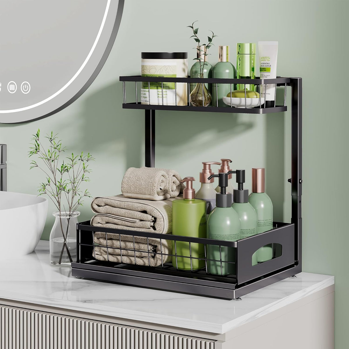 Under Sink Organizer, 2 Pack Cabinet Organizer for Kitchen, Height Adjustable Pull Out Heavy Duty 2 Tier Metal Under Sink Storage for Bathroom Pantry (Black, 2 Pack)
